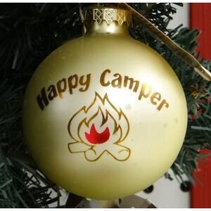 NIB! Bronner’s "Happy Camper" glass Christmas ornament with campfire graphic